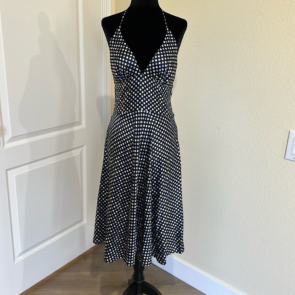 Y2K Black, blue & white polka dotted halter dress by ALYN PAIGE NEW YORK. 7/8